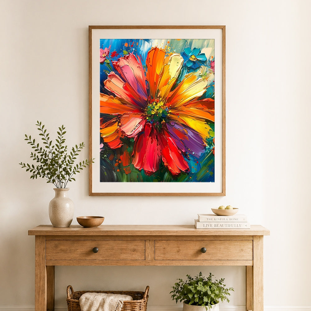 Finished brilliant rainbow flower petals cross stitch artwork displayed as home decor