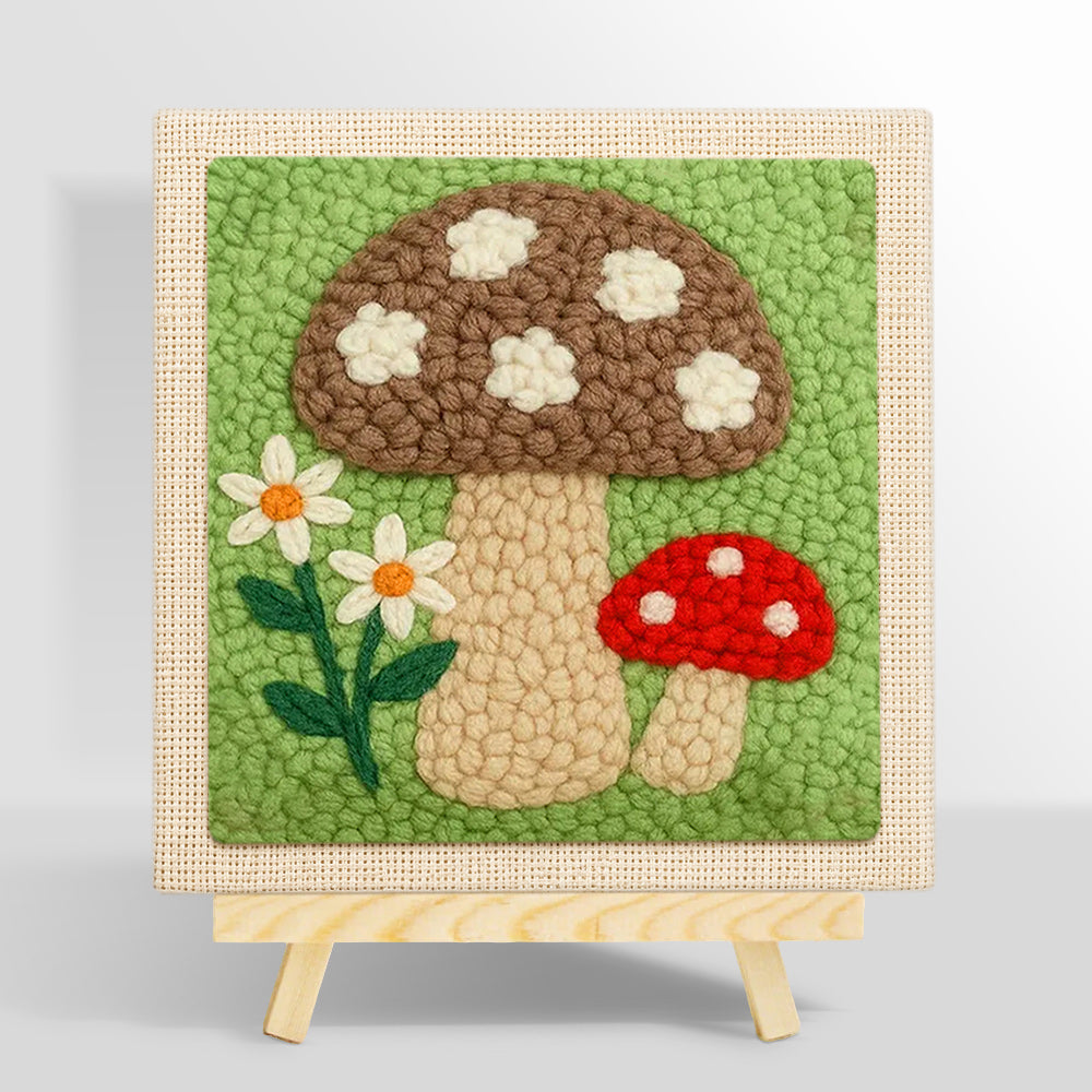 Brown and red mushrooms punch needle kit for beginners