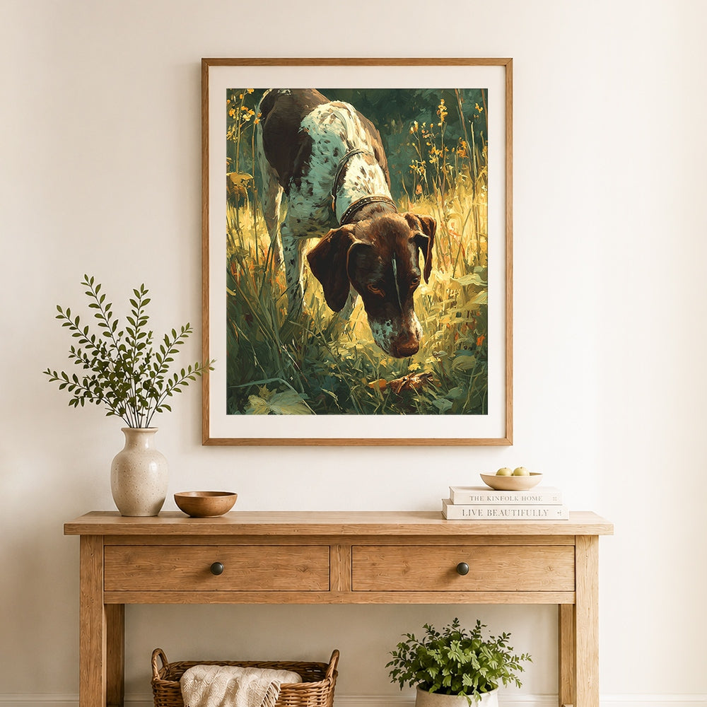 Finished brown and white pointer in tall grass cross stitch artwork displayed as home decor