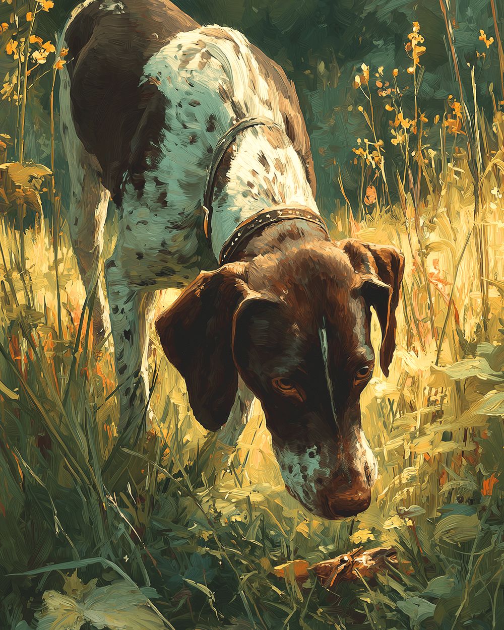 Brown and white pointer in tall grass cross stitch kit for beginners