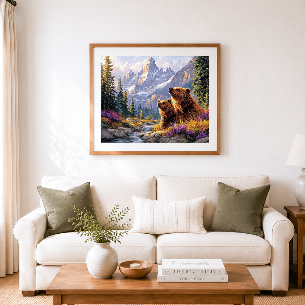 Finished brown bear and cub in mountain valley cross stitch artwork displayed as home decor