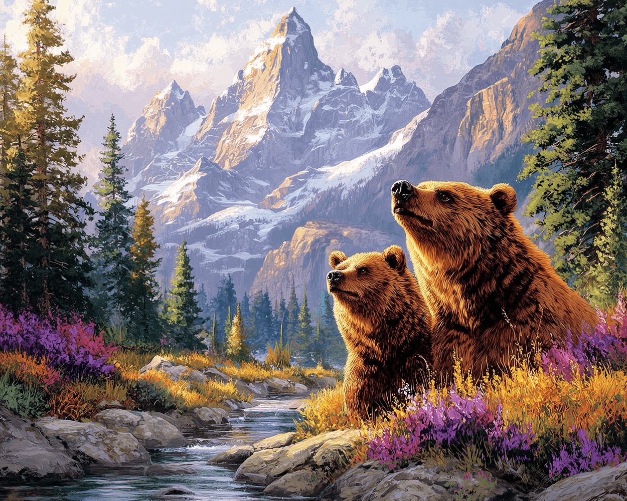 Brown bear and cub in mountain valley cross stitch kit for beginners