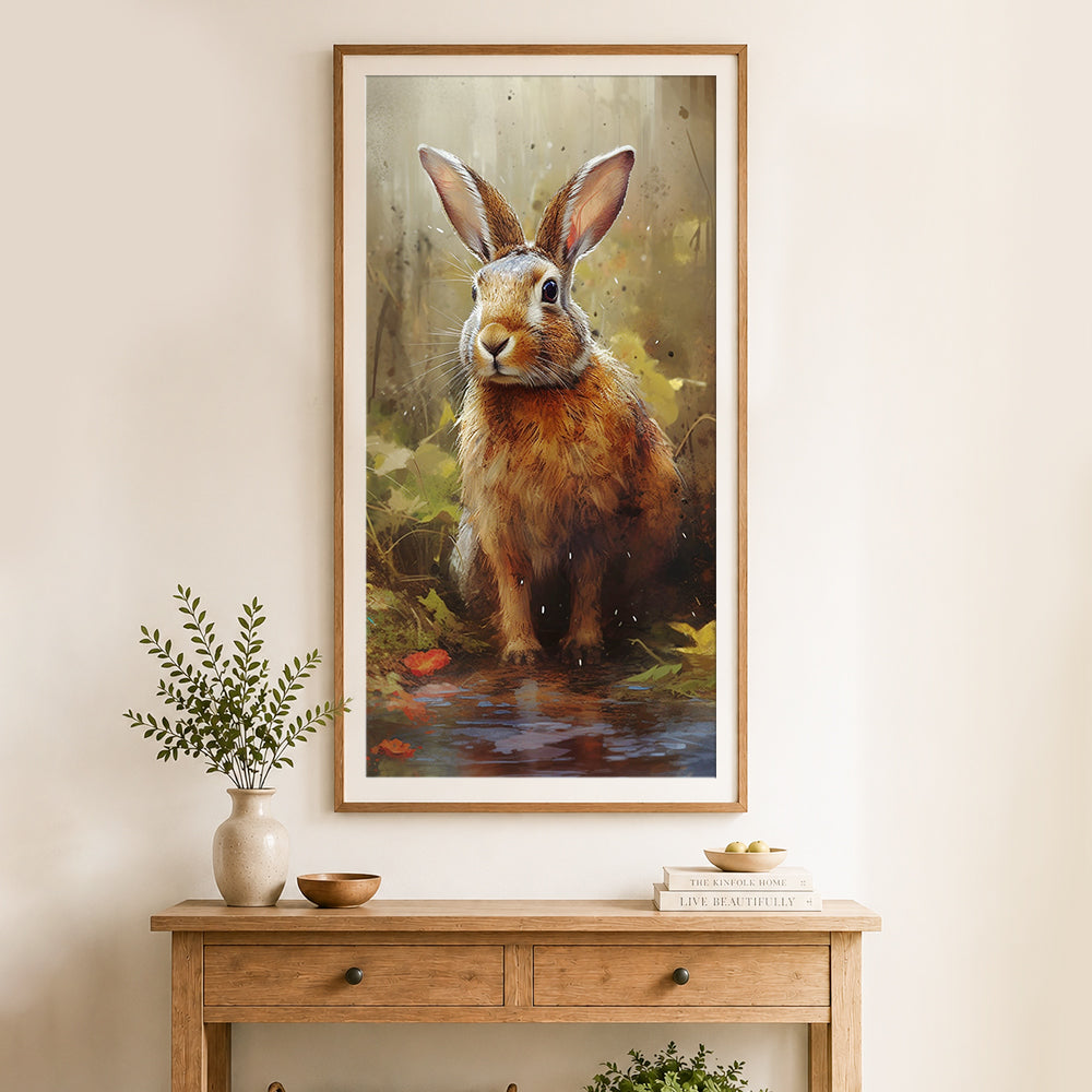 Finished brown rabbit sitting in shallow water cross stitch artwork displayed as home decor