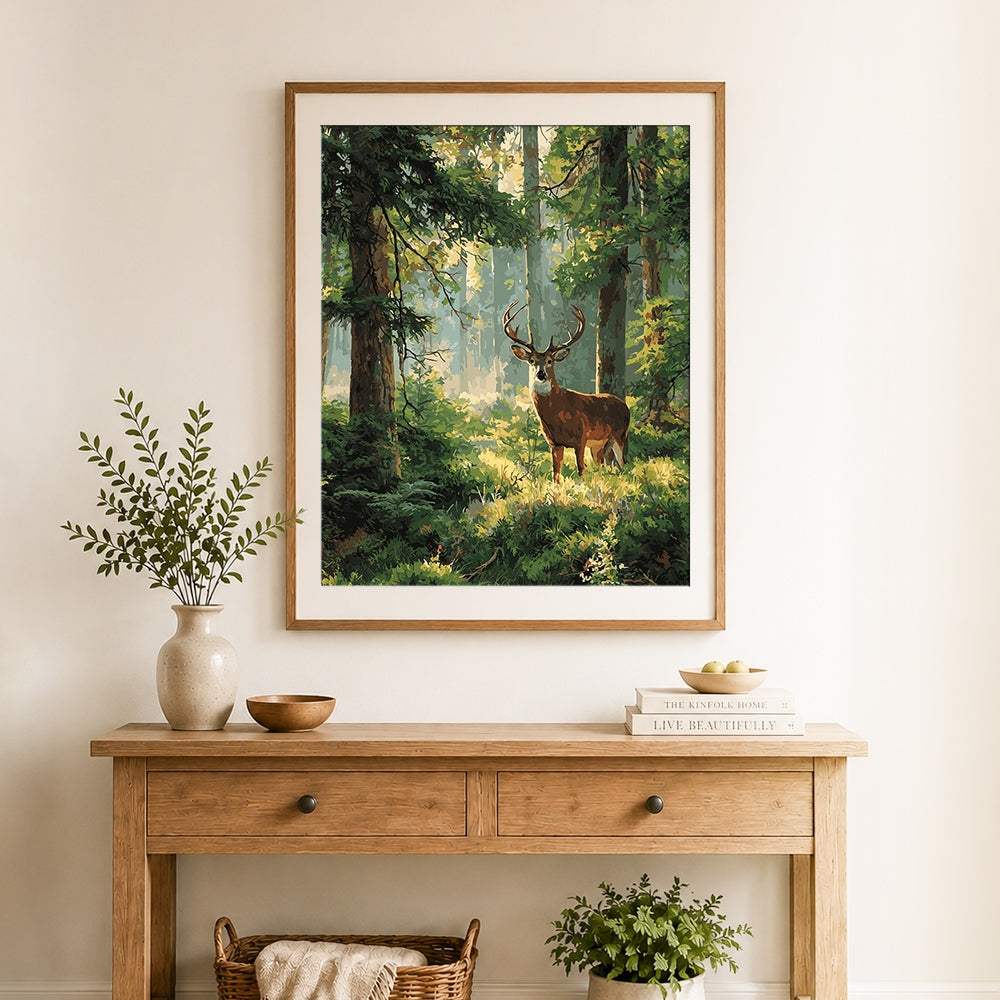 Finished buck in green forest cross stitch artwork displayed as home decor
