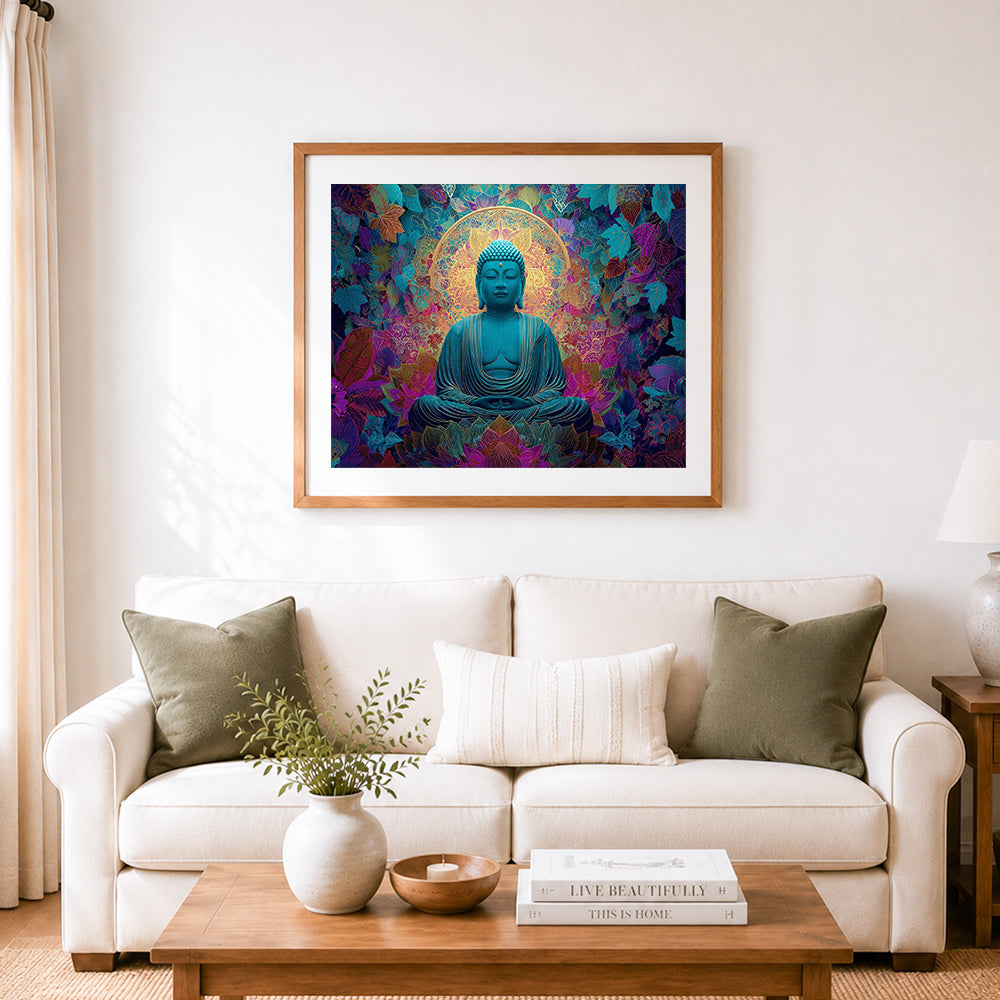 Finished buddha surrounded by foliage cross stitch artwork displayed as home decor