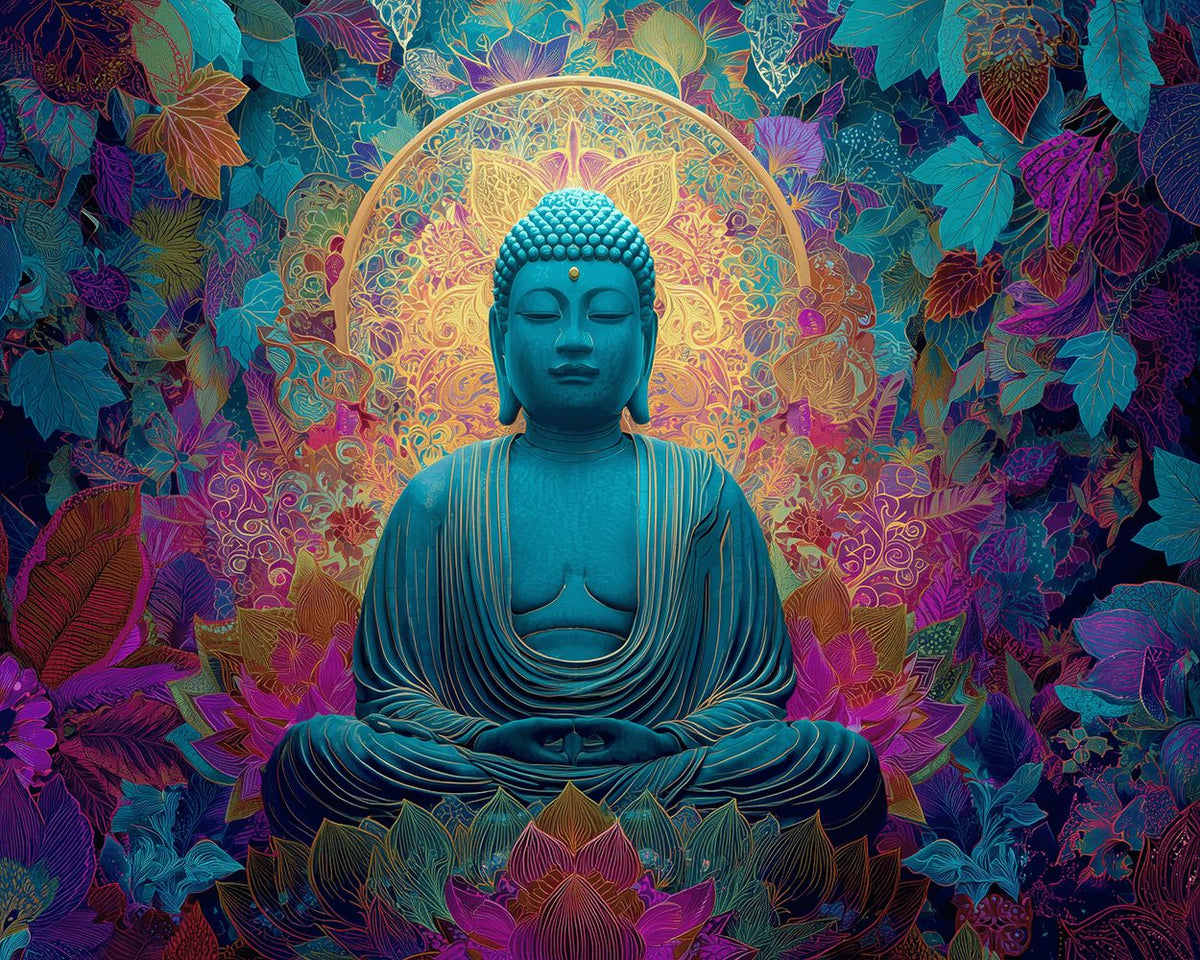 Buddha surrounded by foliage cross stitch kit for beginners