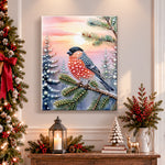 Finished bullfinch at winter sunset pearl diamond painting artwork displayed as holiday home decor