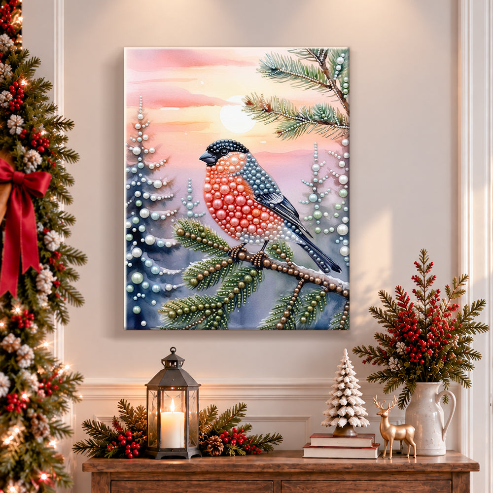 Finished bullfinch at winter sunset pearl diamond painting artwork displayed as holiday home decor