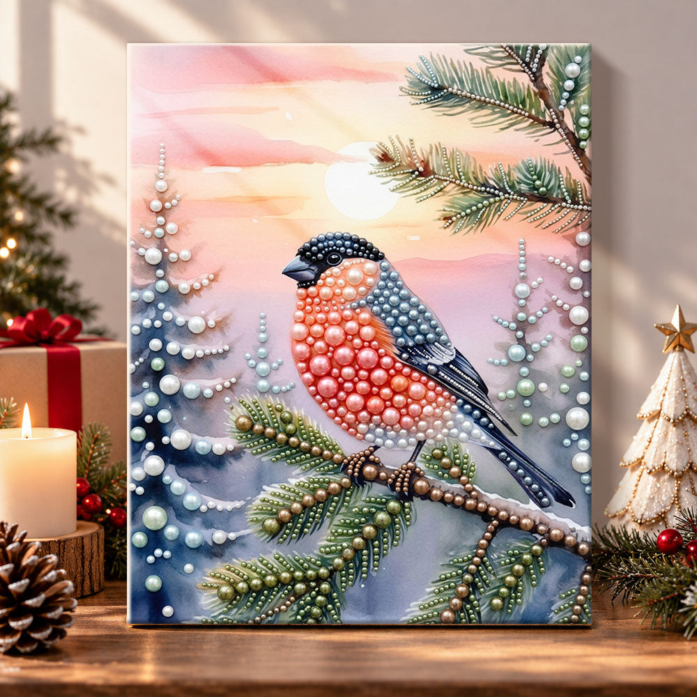Bullfinch at winter sunset pearl diamond painting kit for beginners