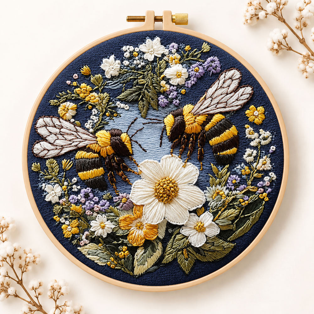 Bumblebees and white daisies embroidery kit