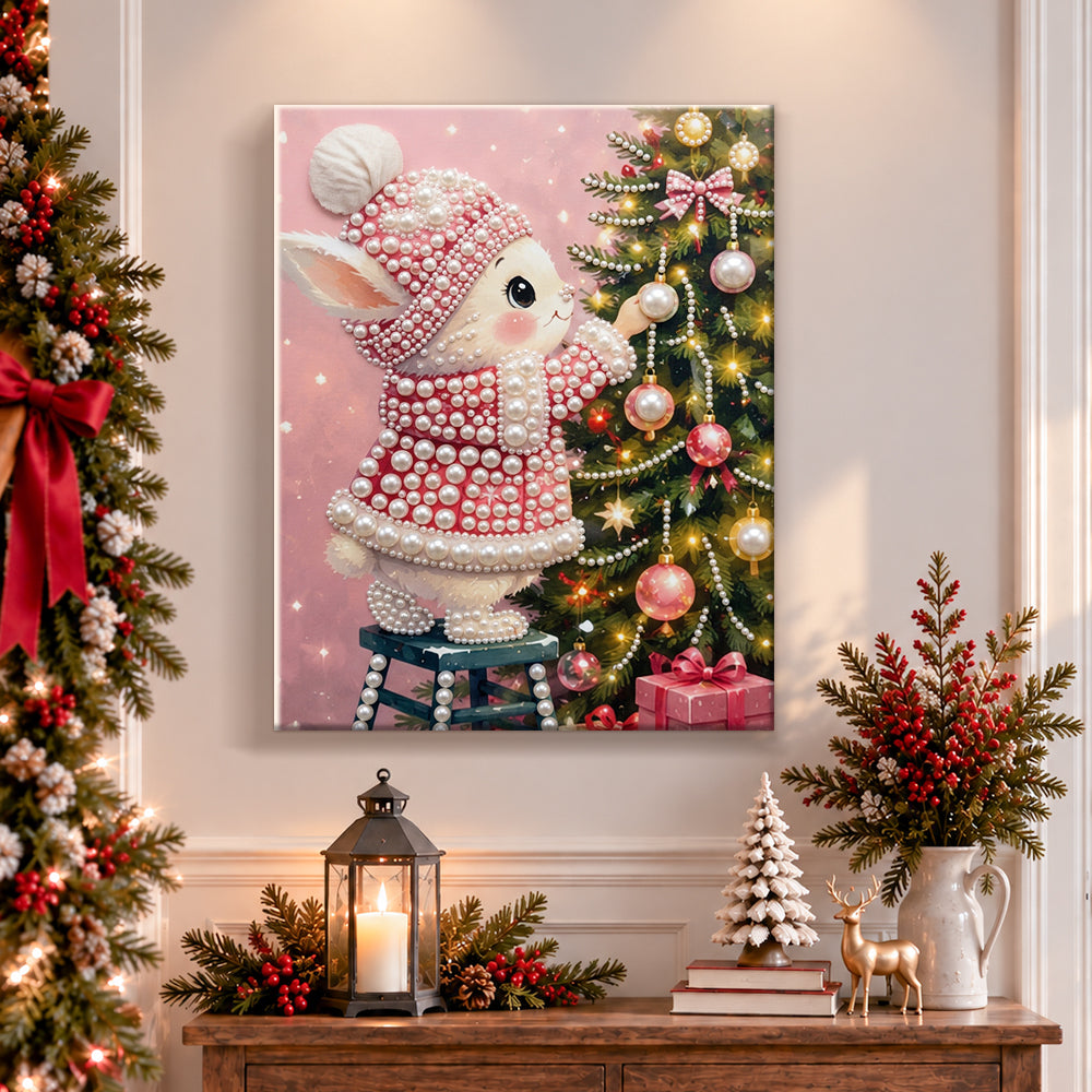 Finished bunny decorating christmas tree pearl diamond painting artwork displayed as holiday home decor