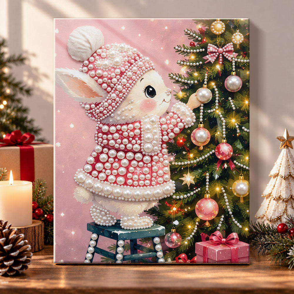 Bunny decorating christmas tree pearl diamond painting kit for beginners