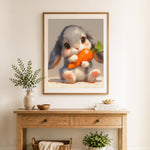 Finished bunny enjoying fresh carrot cross stitch artwork displayed as home decor