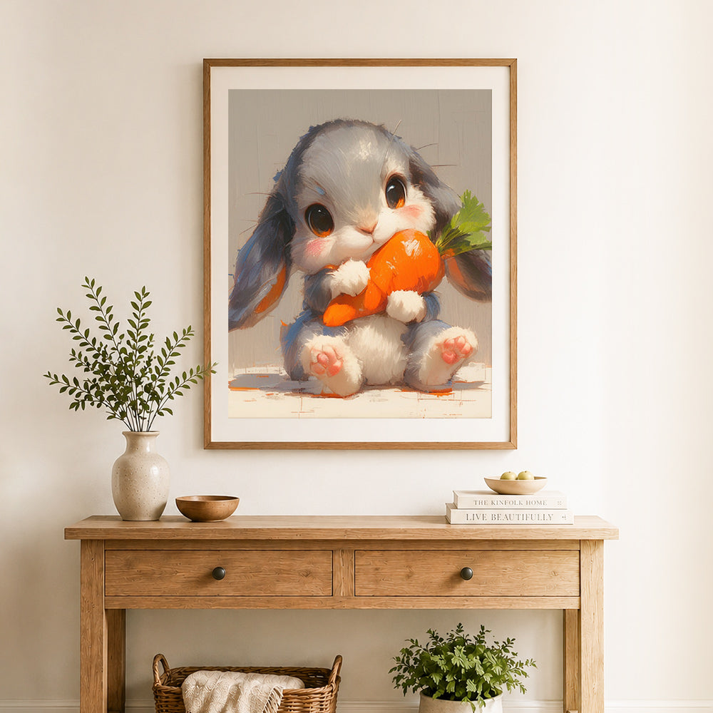 Finished bunny enjoying fresh carrot cross stitch artwork displayed as home decor