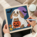 Creating handmade bunny ghost costume punch needle artwork