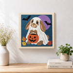 Finished bunny ghost costume artwork displayed on a wall