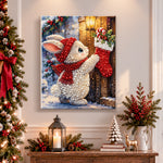 Finished bunny hanging stockings pearl diamond painting artwork displayed as holiday home decor