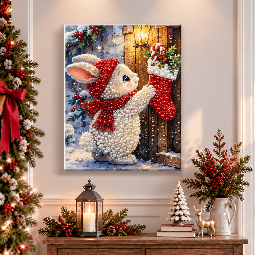 Finished bunny hanging stockings pearl diamond painting artwork displayed as holiday home decor
