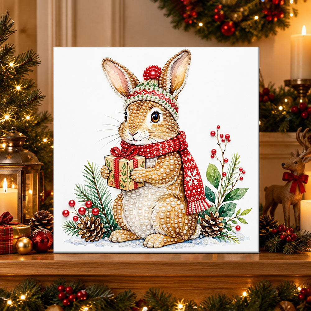 Finished bunny holding christmas gift pearl diamond painting artwork displayed as holiday home decor