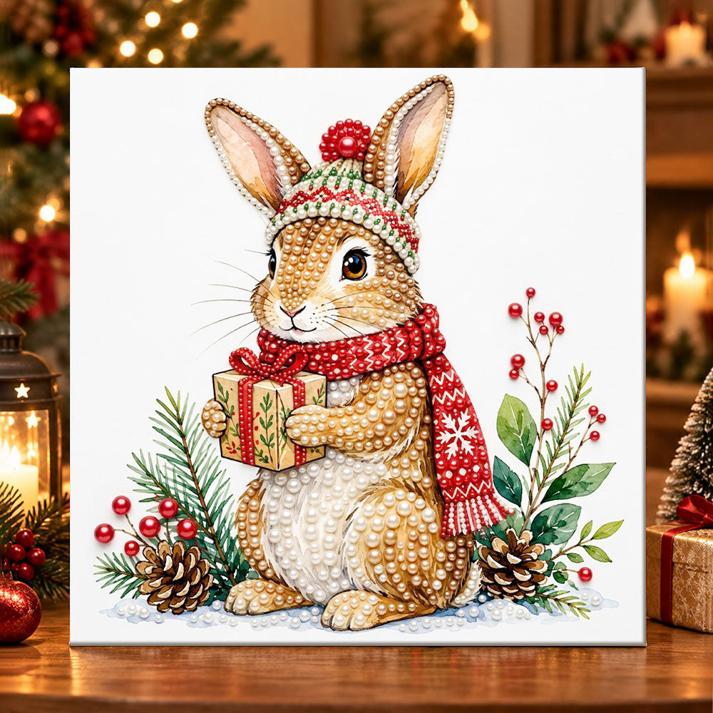 Bunny holding christmas gift pearl diamond painting kit for beginners