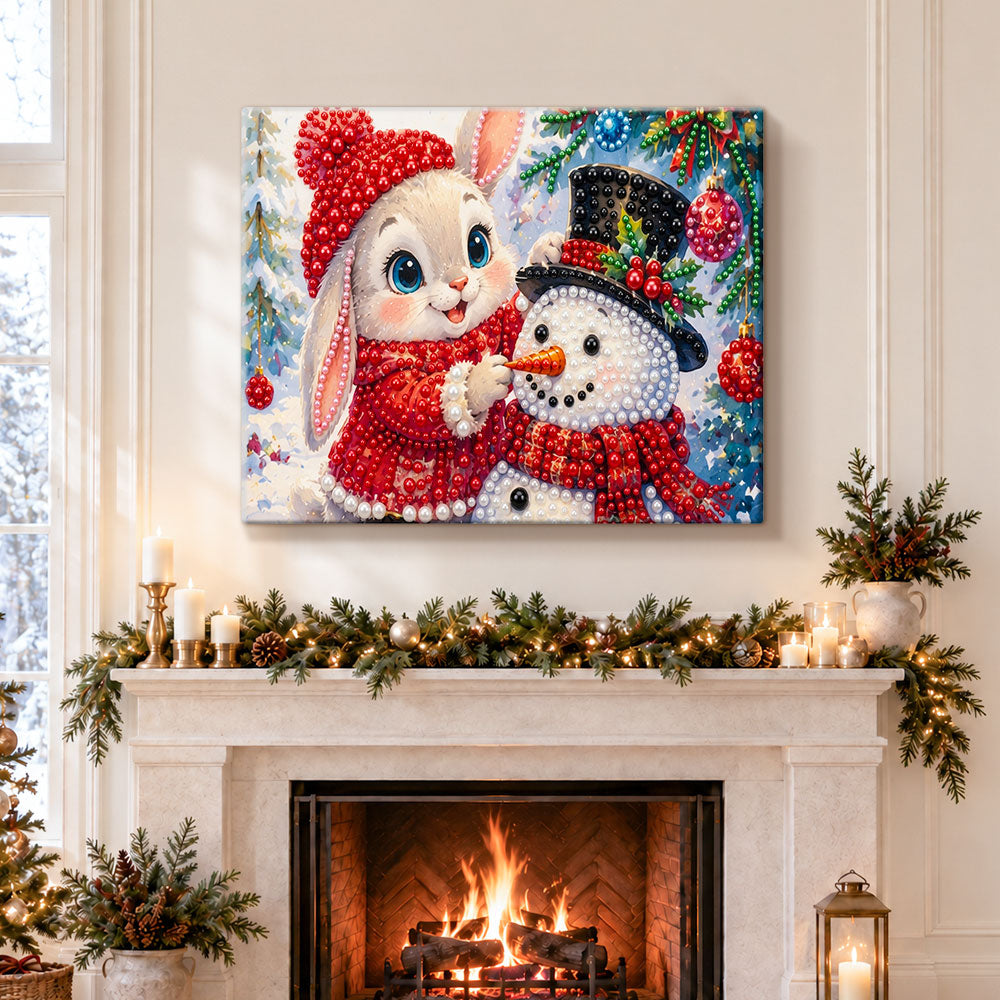 Finished bunny making snowman pearl diamond painting artwork displayed as holiday home decor