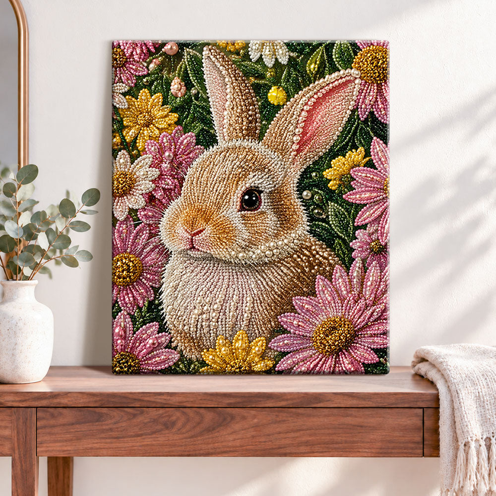 Finished bunny surrounded by wild daisies pearl diamond painting artwork displayed as home decor