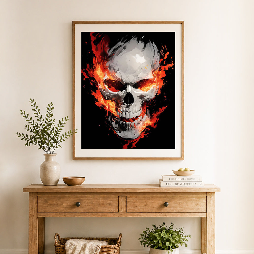 Finished burning fiery skull cross stitch artwork displayed as home decor