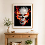 Finished burning fiery skull cross stitch artwork displayed as home decor