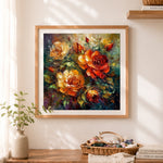 Finished burnt orange and crimson roses cross stitch artwork displayed as home decor