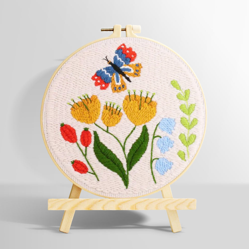 Butterfly and garden wildflowers punch needle kit for beginners