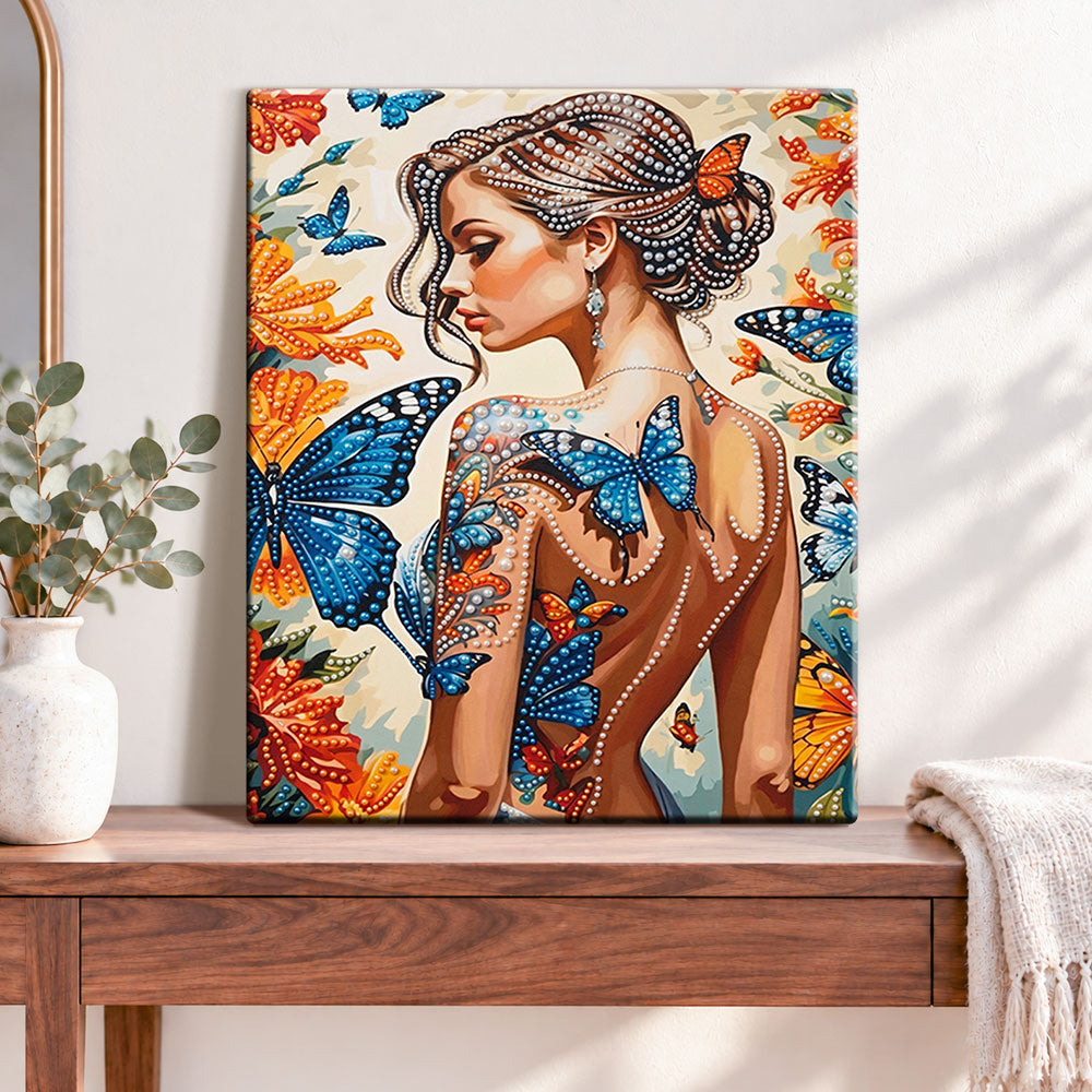 Finished butterfly graceful lady pearl diamond painting artwork displayed as home decor