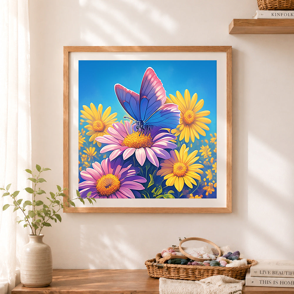 Finished butterfly on daisies cross stitch artwork displayed as home decor