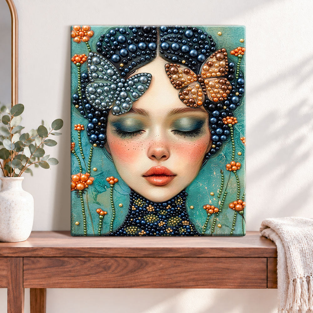 Finished butterfly pearl goddess pearl diamond painting artwork displayed as home decor
