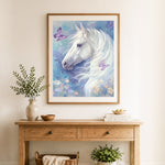 Finished butterfly white horse portrait cross stitch artwork displayed as home decor