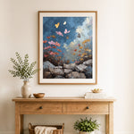 Finished butterfly wildflower scene cross stitch artwork displayed as home decor
