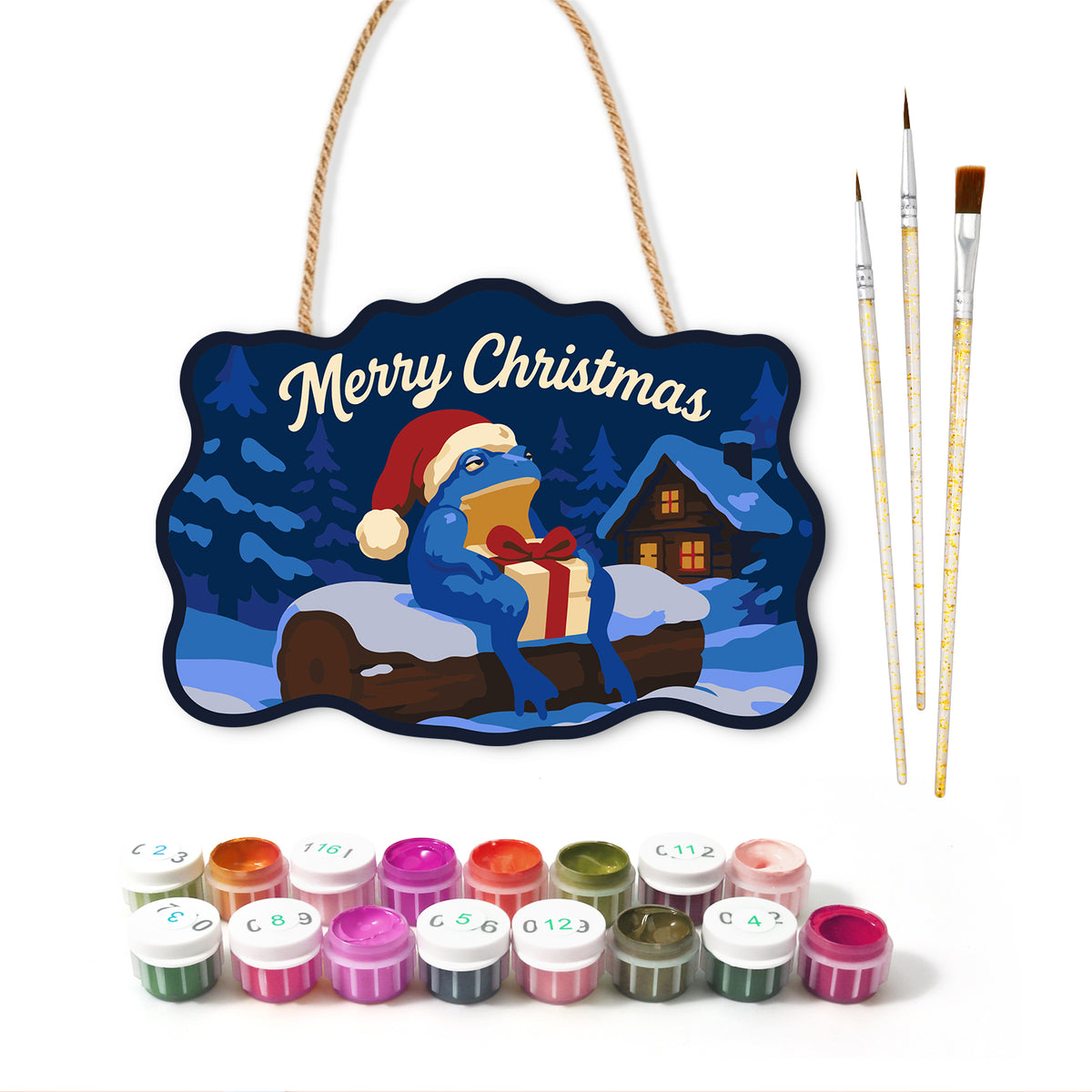 Cabin snowy retreat paint by numbers door hanger with paints and brushes