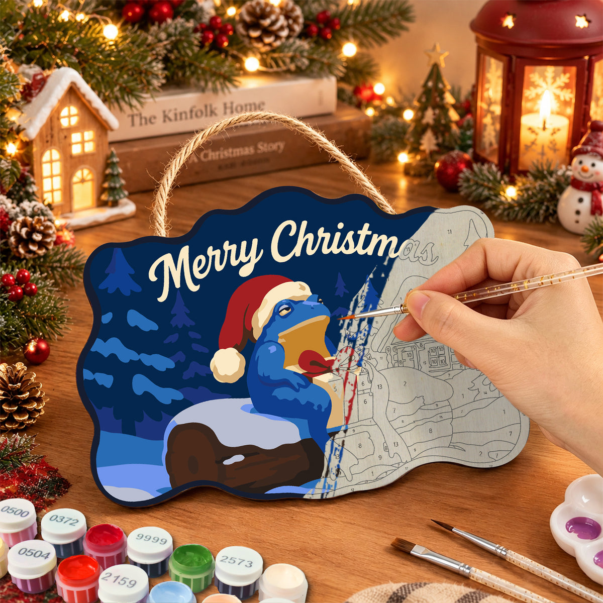 Cabin snowy retreat paint by numbers door hanger painting process