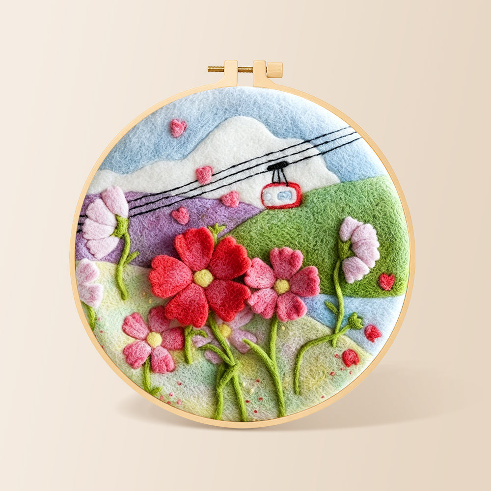 Cable car over mountain flowers needle felting kit for beginners with a round wooden frame