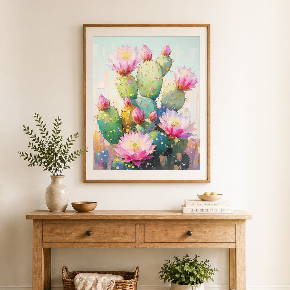 Finished cactus blooming pink flowers cross stitch artwork displayed as home decor