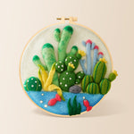 Cactus garden with fish needle felting kit for beginners with a round wooden frame