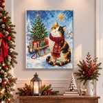 Finished calico cat in snowy christmas scene pearl diamond painting artwork displayed as holiday home decor