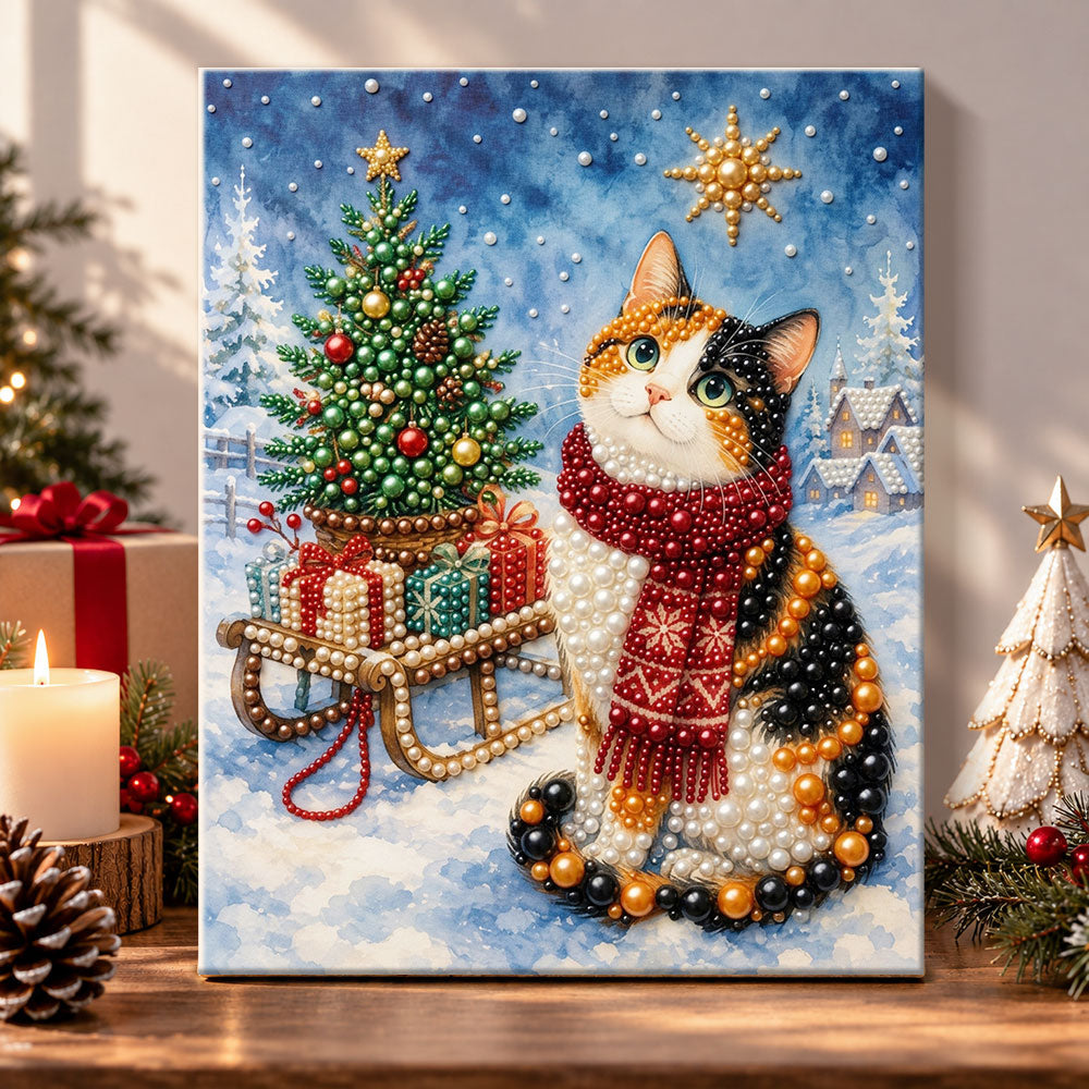 Calico cat in snowy christmas scene pearl diamond painting kit for beginners