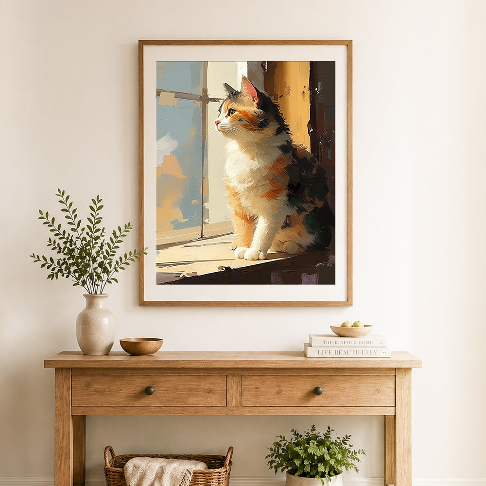 Finished calico cat in sunlit window cross stitch artwork displayed as home decor