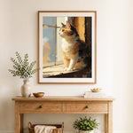Finished calico cat in sunlit window cross stitch artwork displayed as home decor