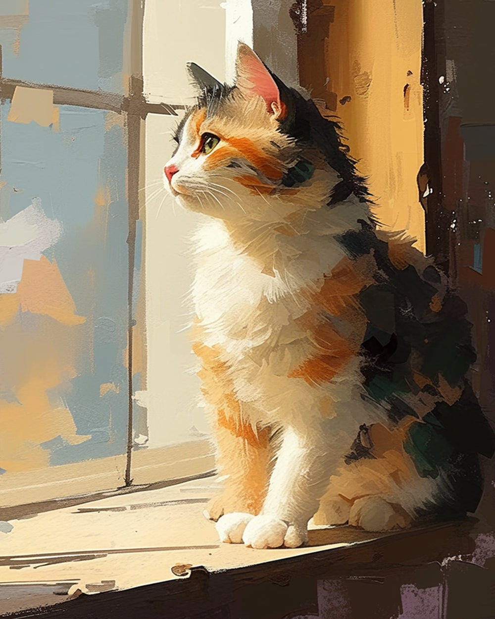 Calico cat in sunlit window cross stitch kit for beginners