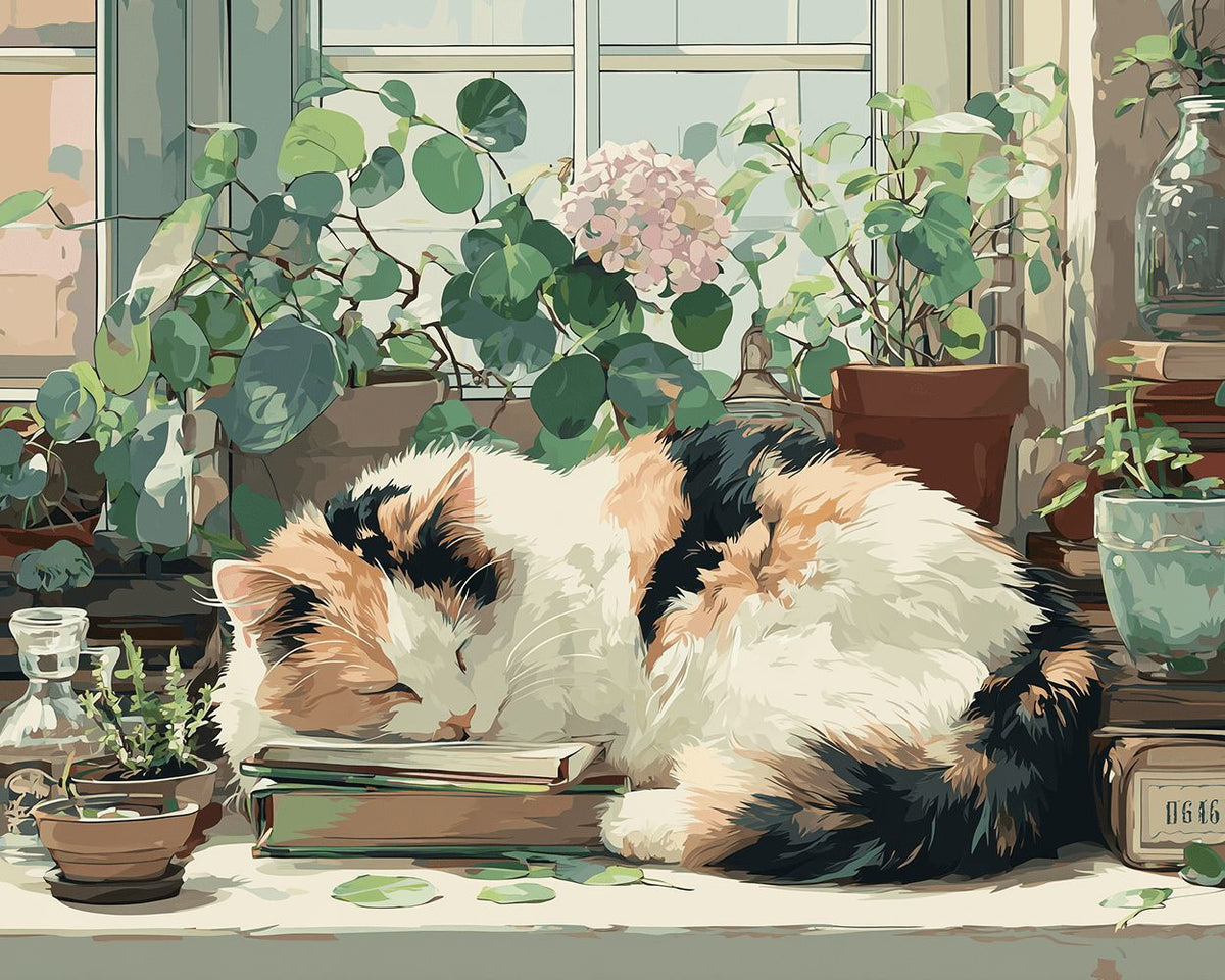 Calico cat sleeping on books cross stitch kit for beginners