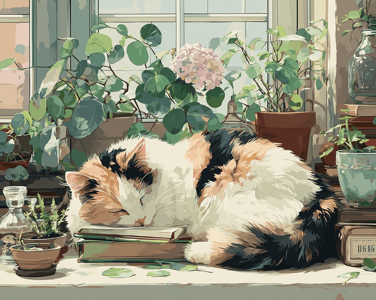 Calico cat sleeping on books cross stitch kit for beginners