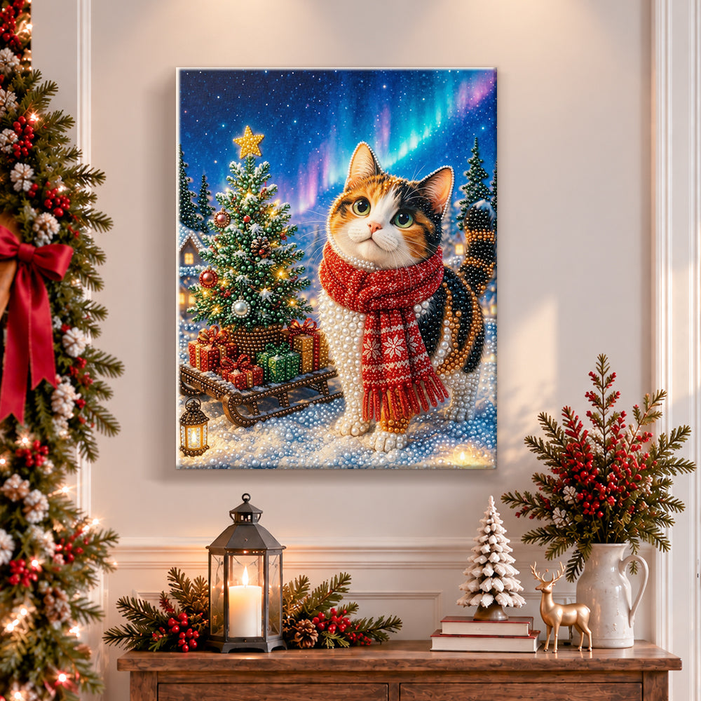 Finished calico cat under northern lights pearl diamond painting artwork displayed as holiday home decor