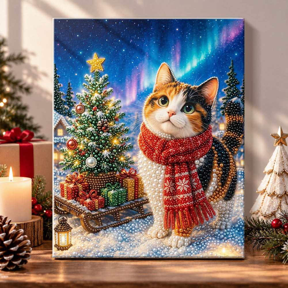 Calico cat under northern lights pearl diamond painting kit for beginners