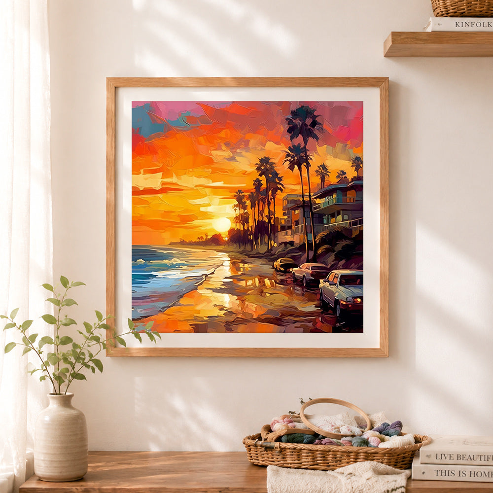 Finished california beach sunset cross stitch artwork displayed as home decor